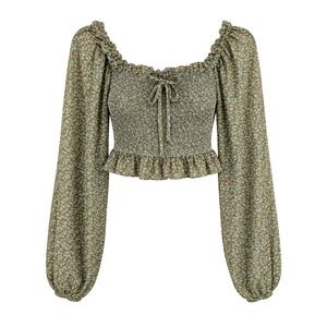 Altard State Womens‎ Small Green Floral Smocked Crop Top Long Sleeve Boho